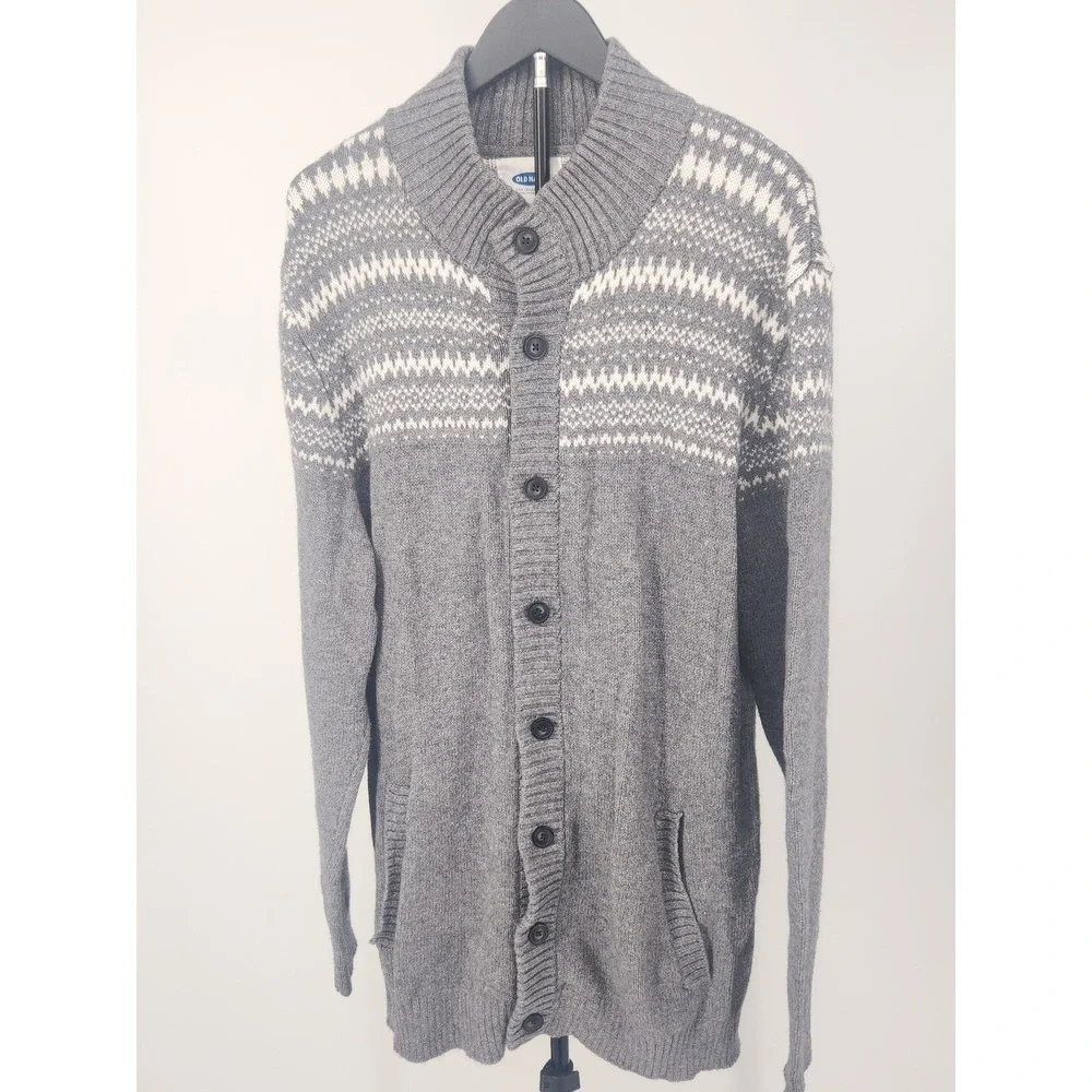 Old Navy Mens XXL Gray Fair Isle Shawl Collar Button Front Cardigan Sweater